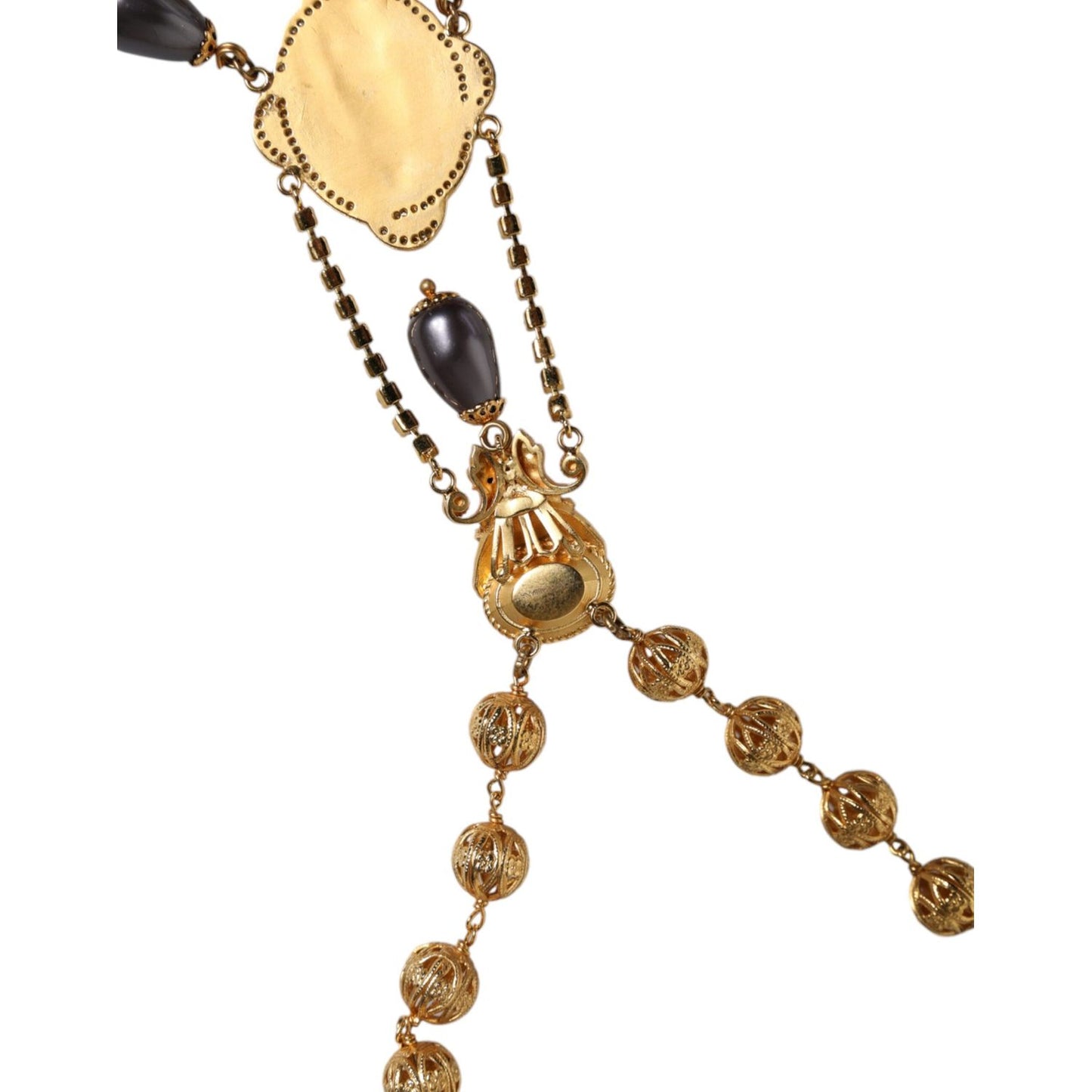 Dolce & Gabbana Gold Chain Brass Black Beaded Rosary Style Necklace