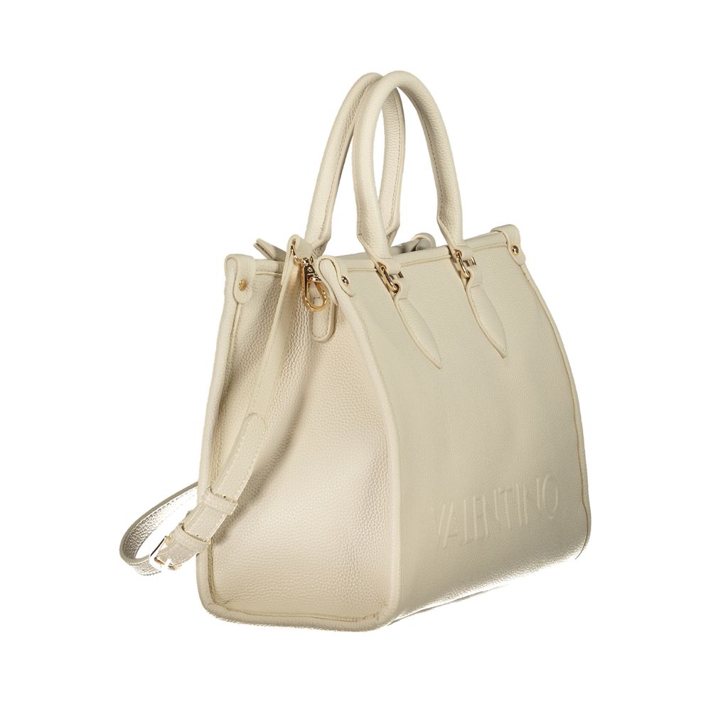 Mario Valentino Beige Polyethylene Handbag with adjustable strap, internal pocket, phone spaces, zip closure, and protective feet.