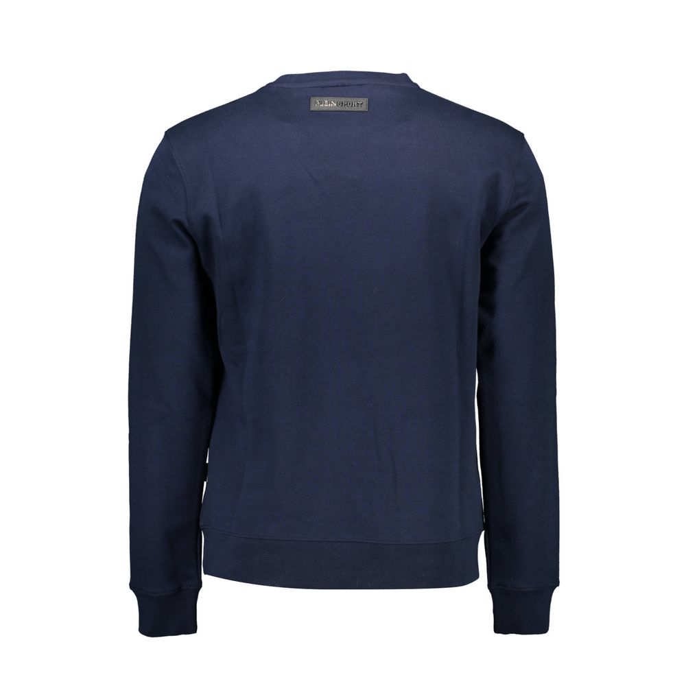 Back view of Plein Sport Blue Cotton Men Sweater showcasing crew neck and long sleeves.
