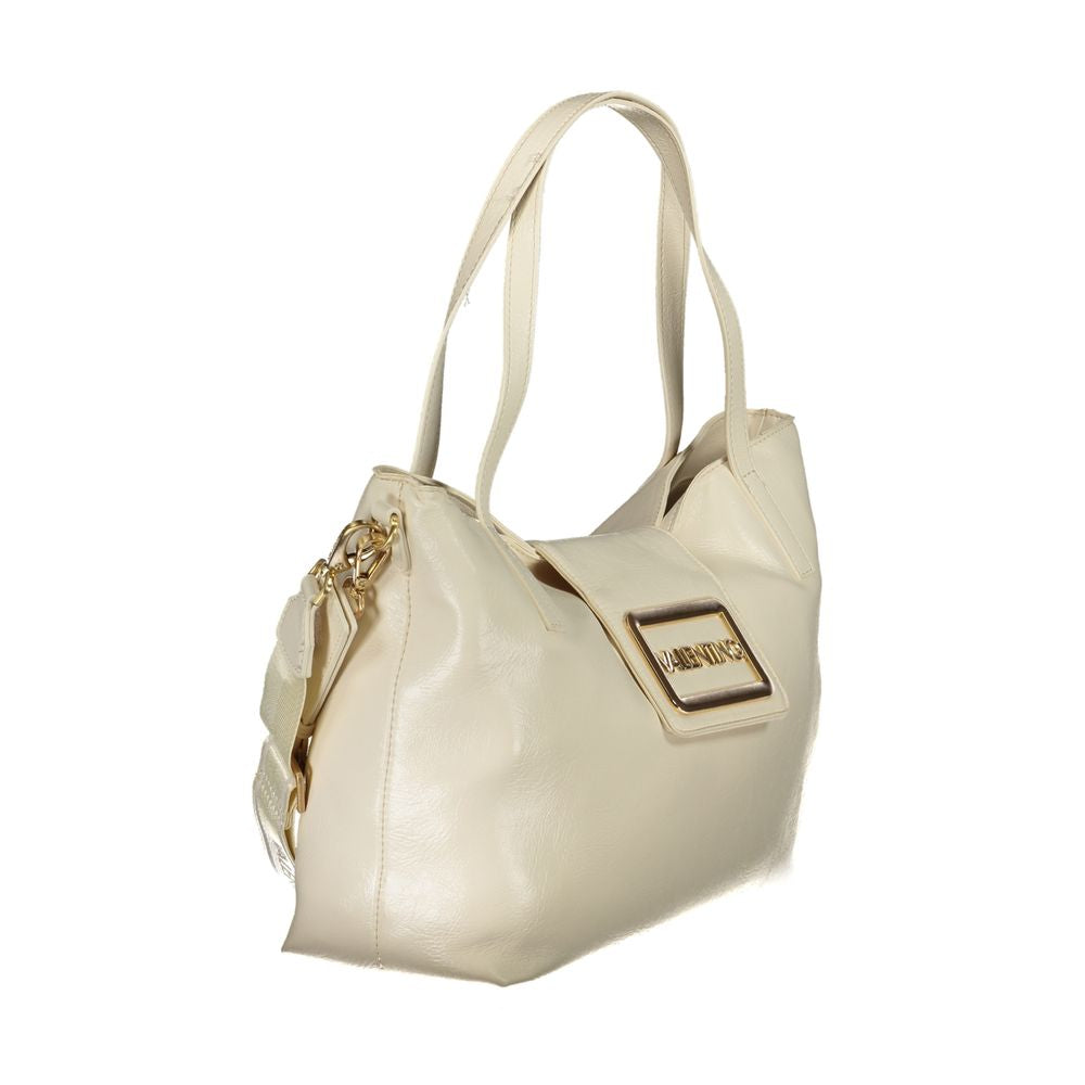 Mario Valentino Beige Polyethylene Women Handbag with dual shoulder handles and snap closure, offering multiple carrying options.