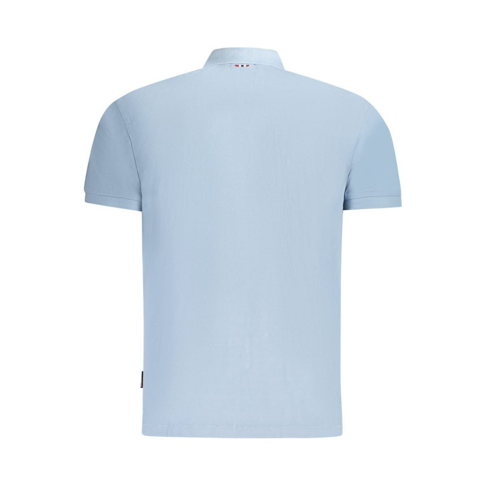 Back view of Napapijri Light Blue Cotton Men Polo Shirt showcasing short sleeves and collar.