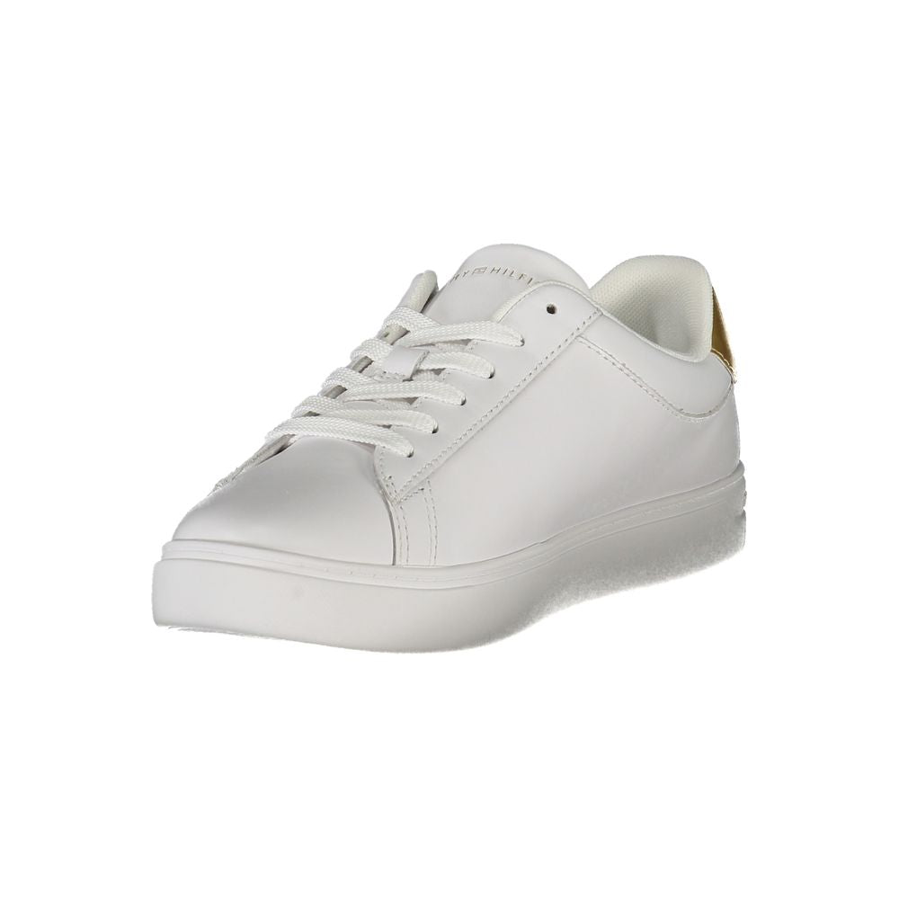 Tommy Hilfiger White Leather Women Sneaker with gold details and smart insole for comfort, featuring the iconic Tommy Hilfiger logo.