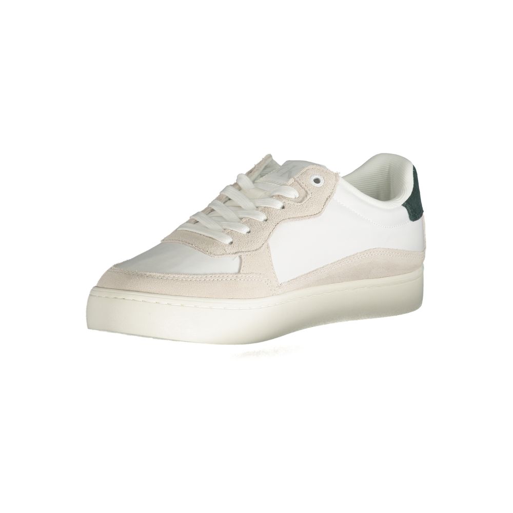Calvin Klein White Leather Men Sneaker with lace-up design and contrasting details, featuring eco-friendly materials and iconic logo.