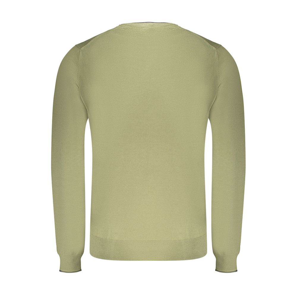 Back view of North Sails Green Cotton Men Sweater featuring long sleeves and crew neck design with logo embroidery.