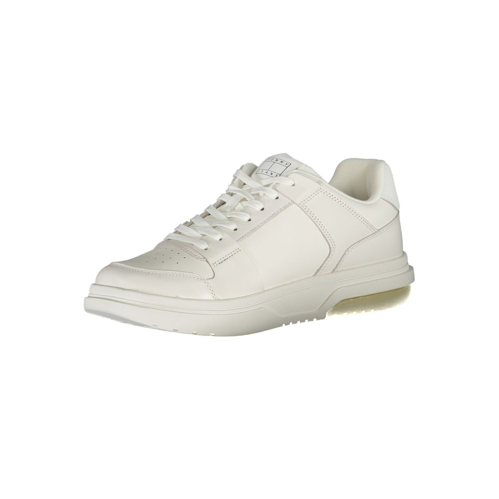 Tommy Hilfiger White Polyethylene Men Sneaker featuring sleek white design and iconic logo, perfect for modern fashion enthusiasts.