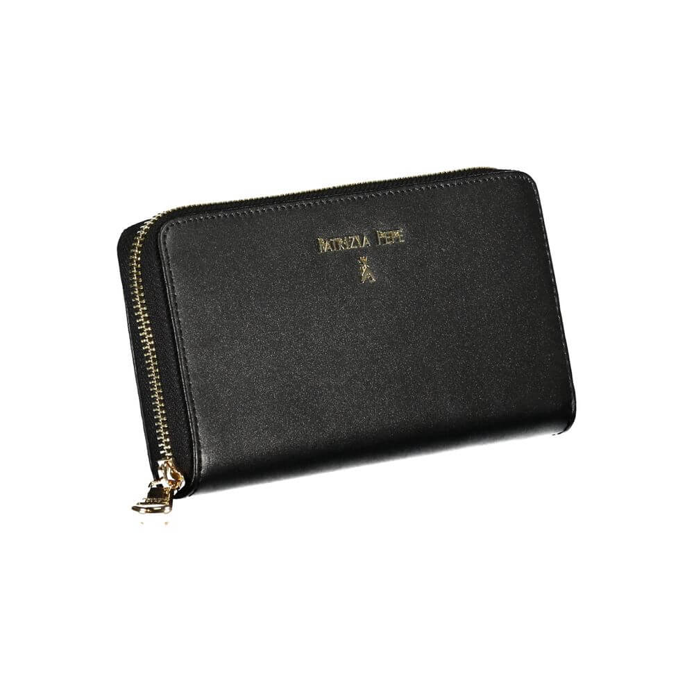 Patrizia Pepe Black Leather Wallet with logo, zip closure, 6 compartments, card spaces, and coin purse, perfect for stylish organization.