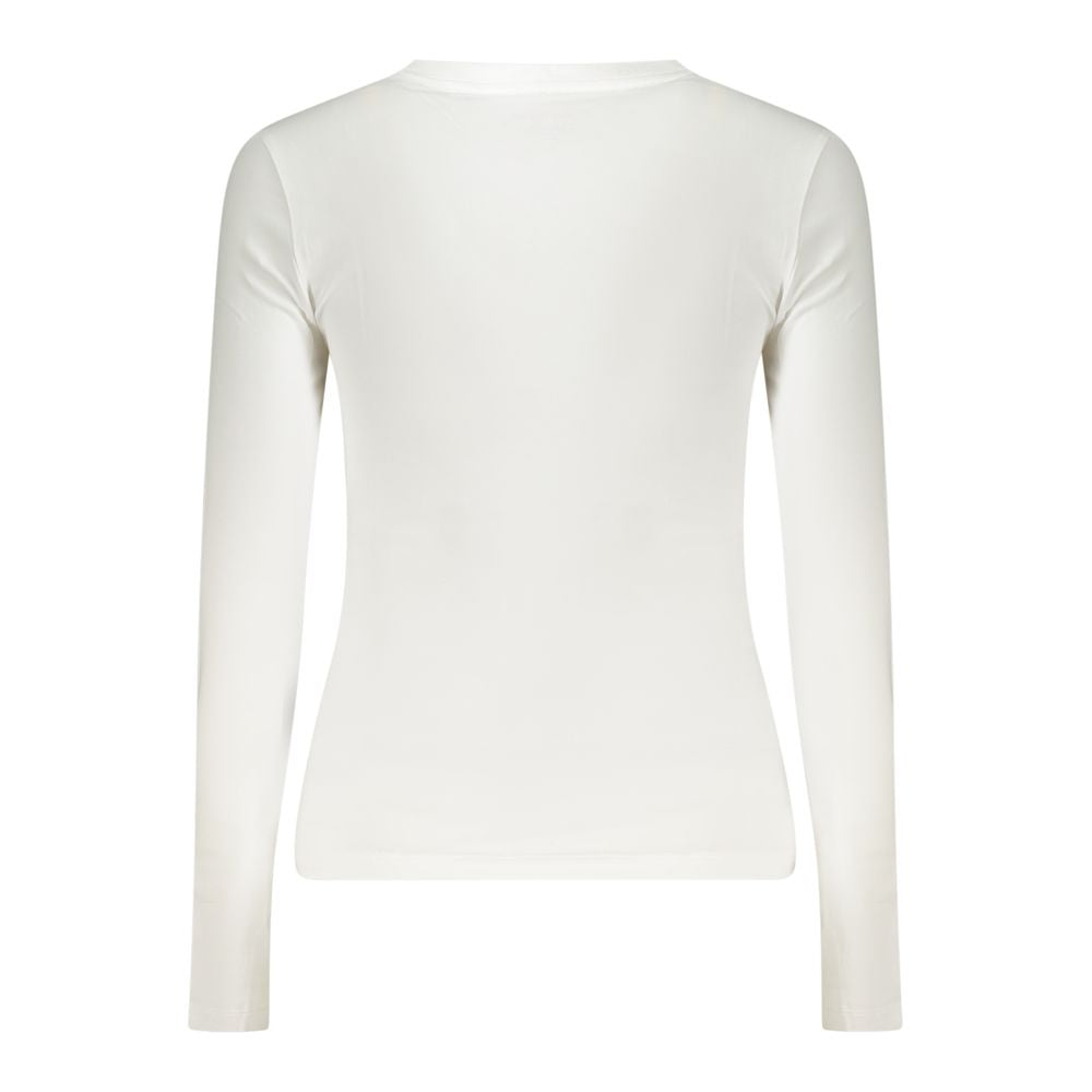 Back view of Guess Jeans White Cotton Women T-Shirt, long-sleeved with slim fit and V-neck, showcasing elegance and comfort.