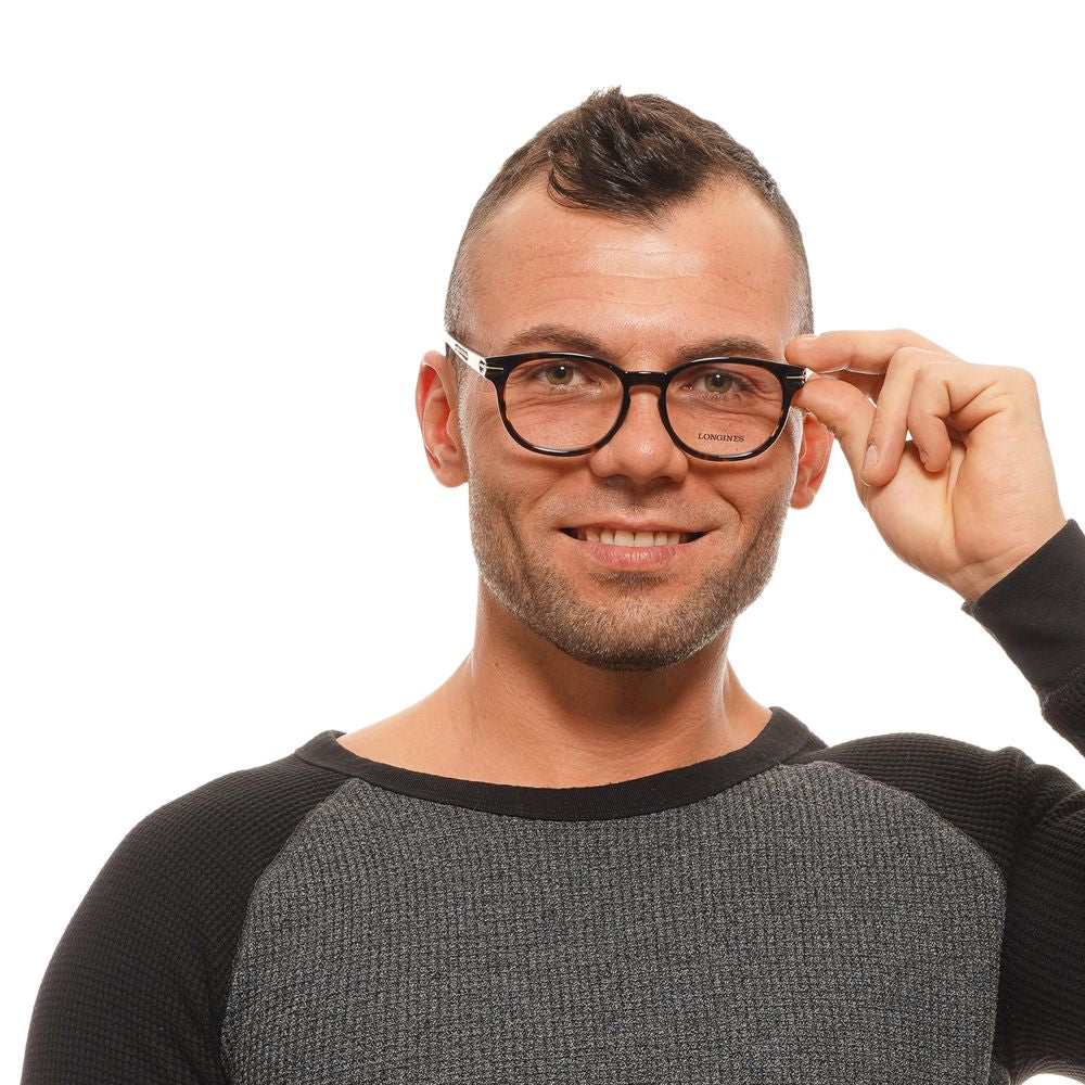 Man wearing Longines Brown Plastic Glasses (Frames) with round full-rim style and brown color, on white background.