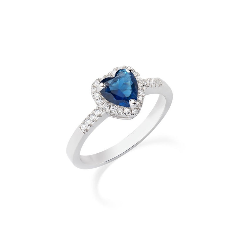 AMEN JEWELRY Mod. ANTICBBL3 silver ring with heart-shaped blue gemstone and diamond accents