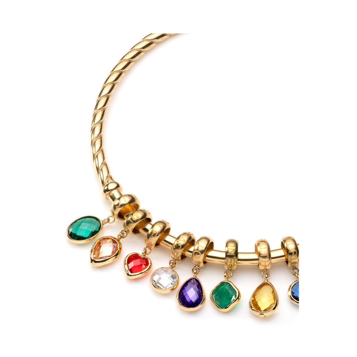 AN JEWELS JEWELRY Mod. AL.B2WI23SMC gold necklace with colorful gemstone pendants displayed on white background.