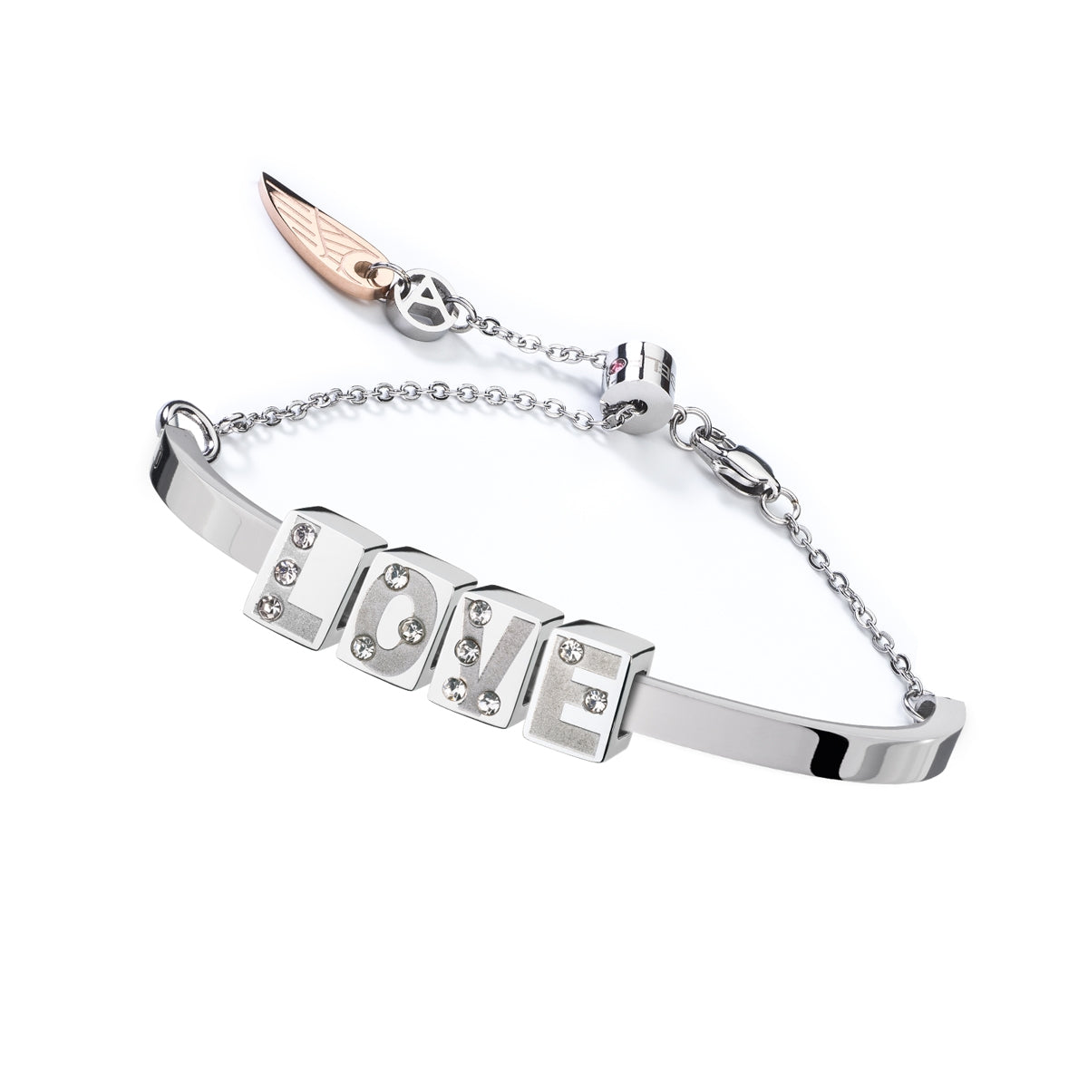 AN JEWELS JEWELRY Mod. ANPULSEIRALI18 silver bracelet with 'LOVE' charm and crystal accents on a chain clasp.