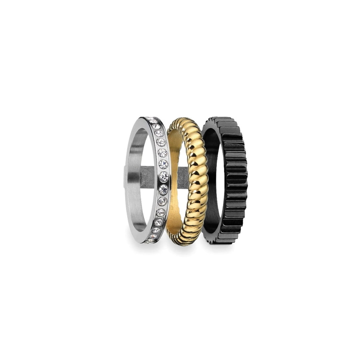 AN JEWELS JEWELRY Mod. AR.R3NS03SYK-8 featuring silver, gold, and black textured rings with crystal embellishments