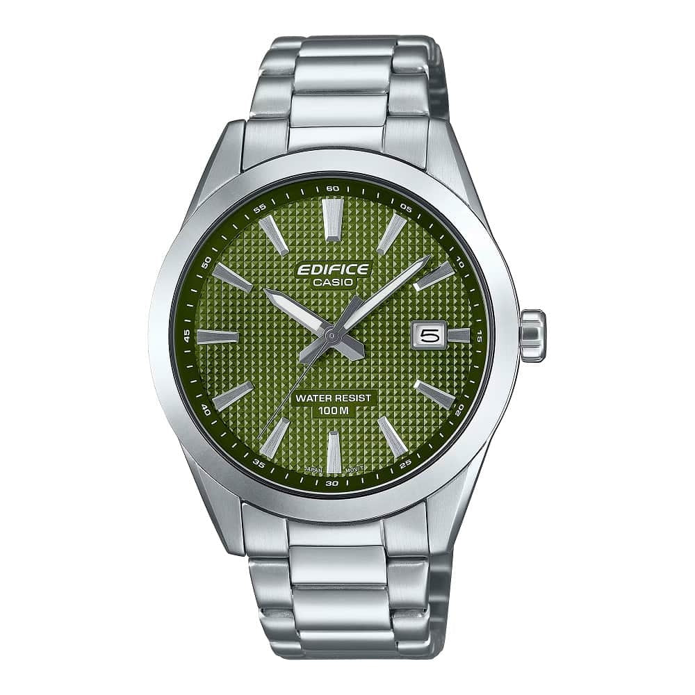 CASIO EDIFICE Mod. CLASSIC DATE - GREEN wristwatch with green dial, stainless steel case and bracelet, quartz movement, 10 ATM water resistance.
