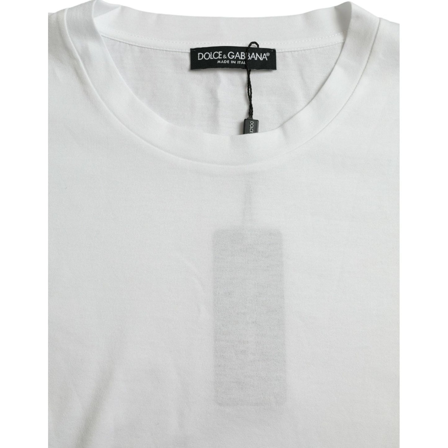 Dolce & Gabbana White Cotton Short Sleeves Crewneck T-shirt with tag, made in Italy, close-up showing label and crew neck design.