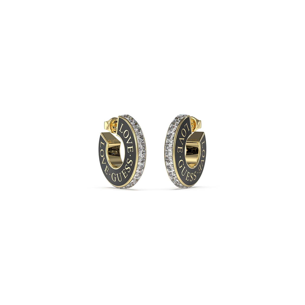 Alt Tag: GUESS JEWELS JEWELRY Mod. JUBE04083JWYGBKT-U gold and black hoop earrings with crystal accents