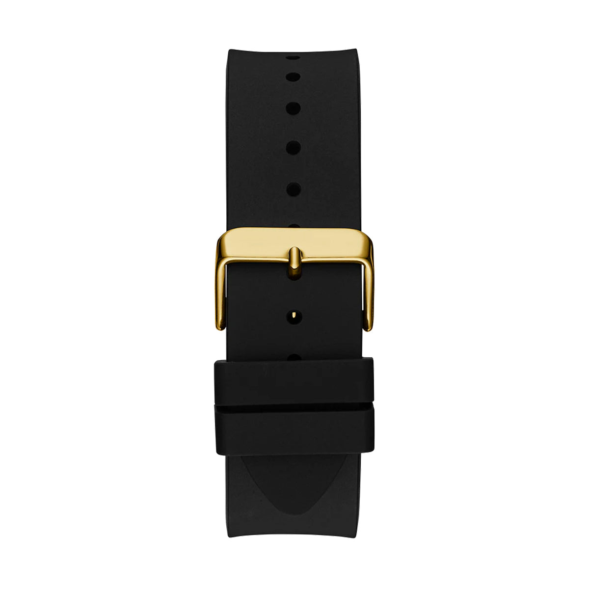 GUESS Mod. BADGE wristwatch with gold buckle and black strap, showcasing sleek design and modern elegance for fashion-savvy individuals.