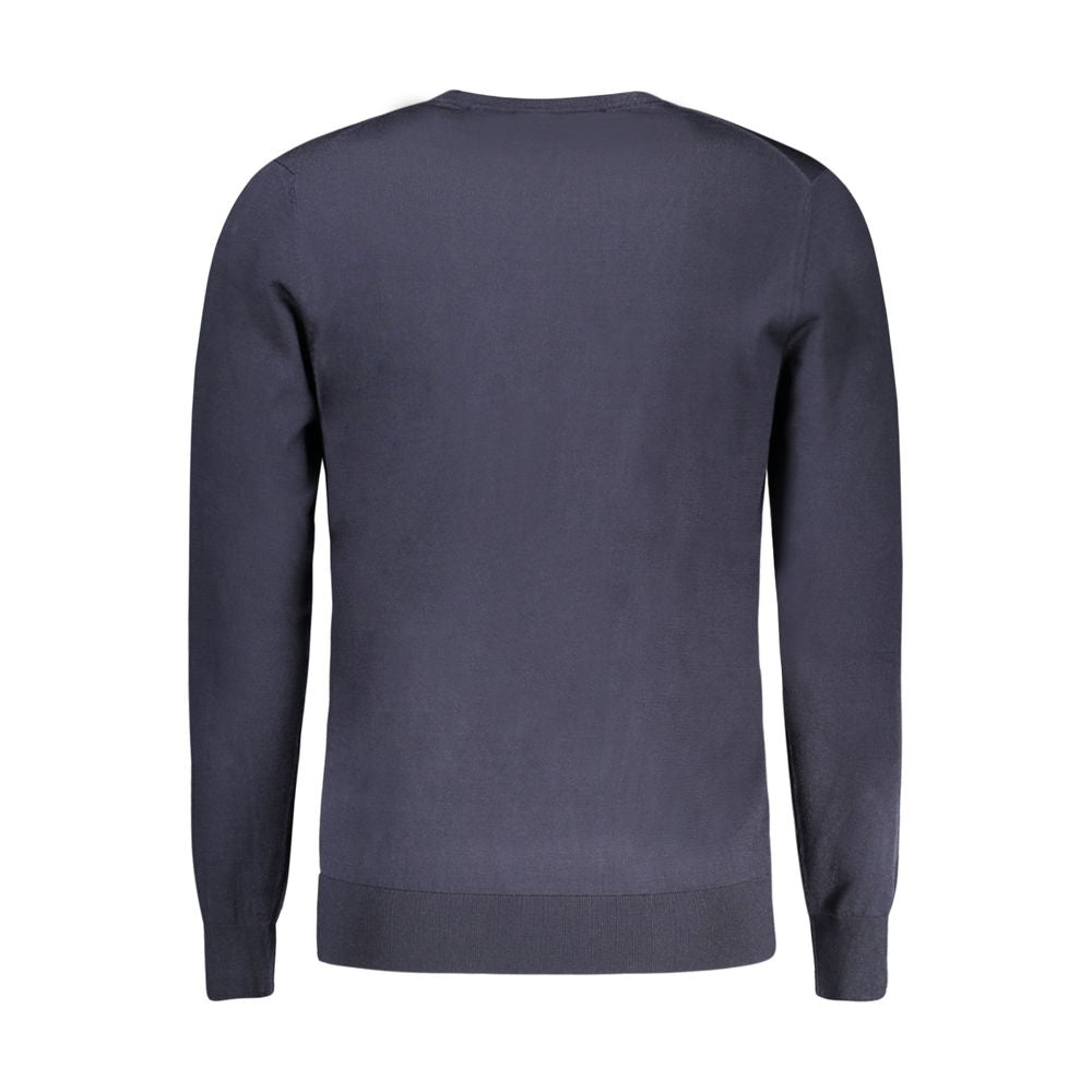Guess Jeans Blue Viscose Sweater featuring long sleeves and crew neck with logo application, rear view.