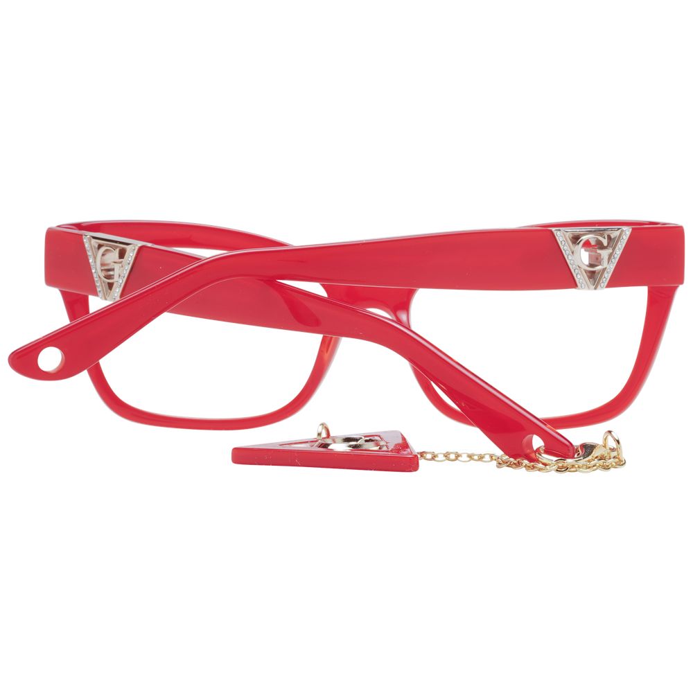 Guess Red Acetate Glasses (Frames) with a cat-eye style, featuring red full-rim and spring hinges. Ideal for women seeking a bold look.