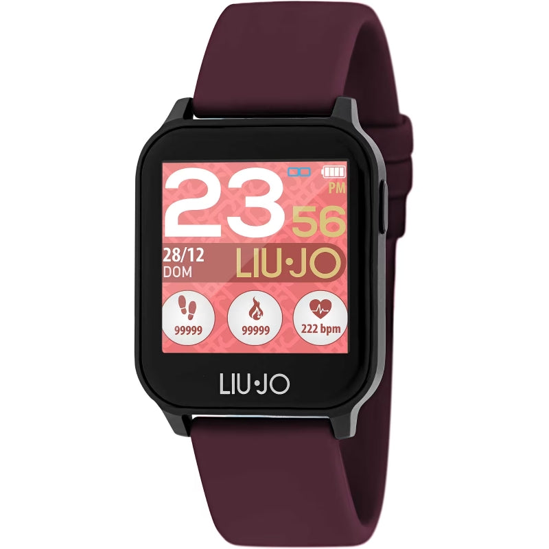Alt Tag: LIU-JO Mod. SWLJ006 smartwatch with maroon strap and digital display, featuring various health metrics and time indicators.