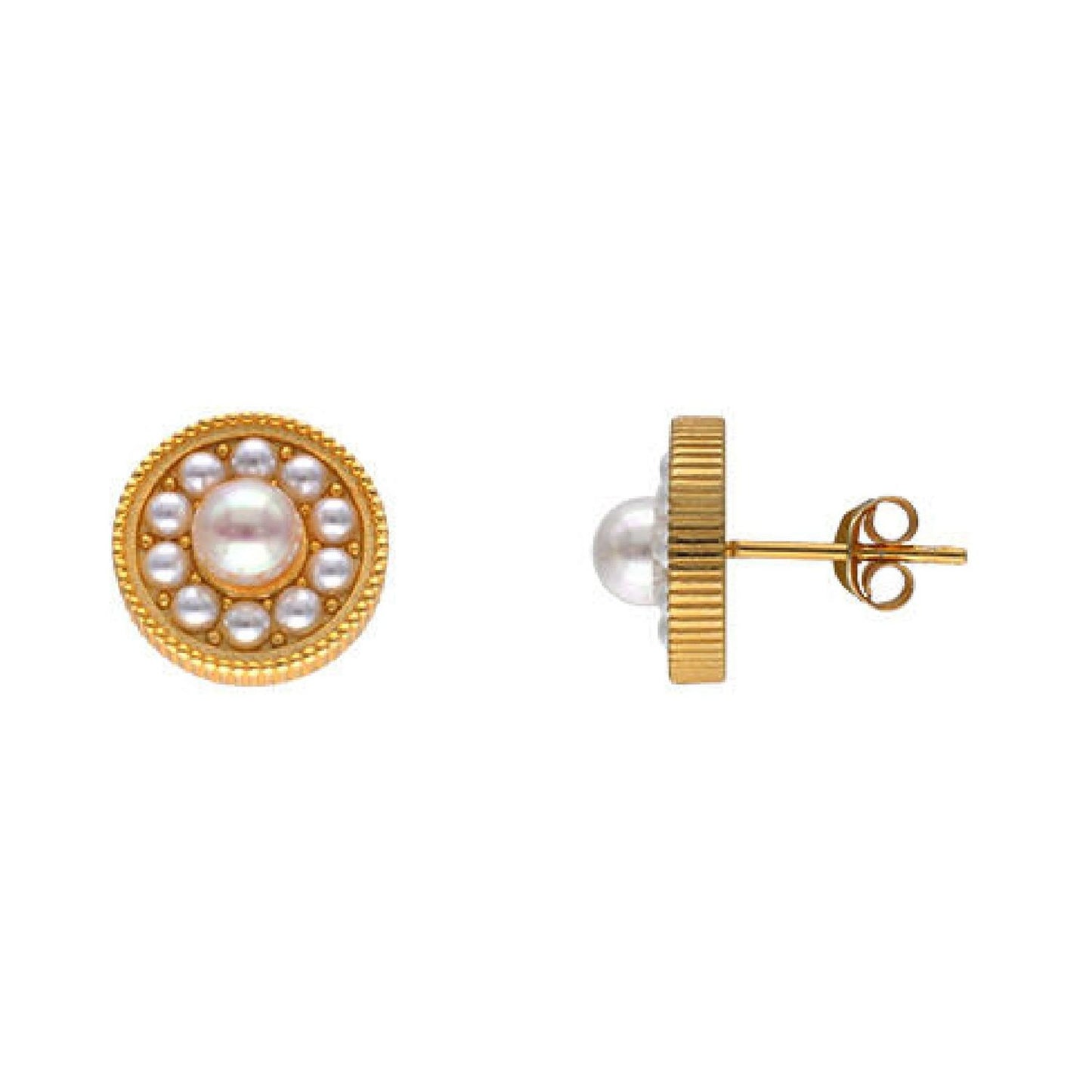 MAJORICA JEWELRY Mod. 17732.01.1.E00.906.1 gold earrings with pearls, elegant design, side and front view displayed.