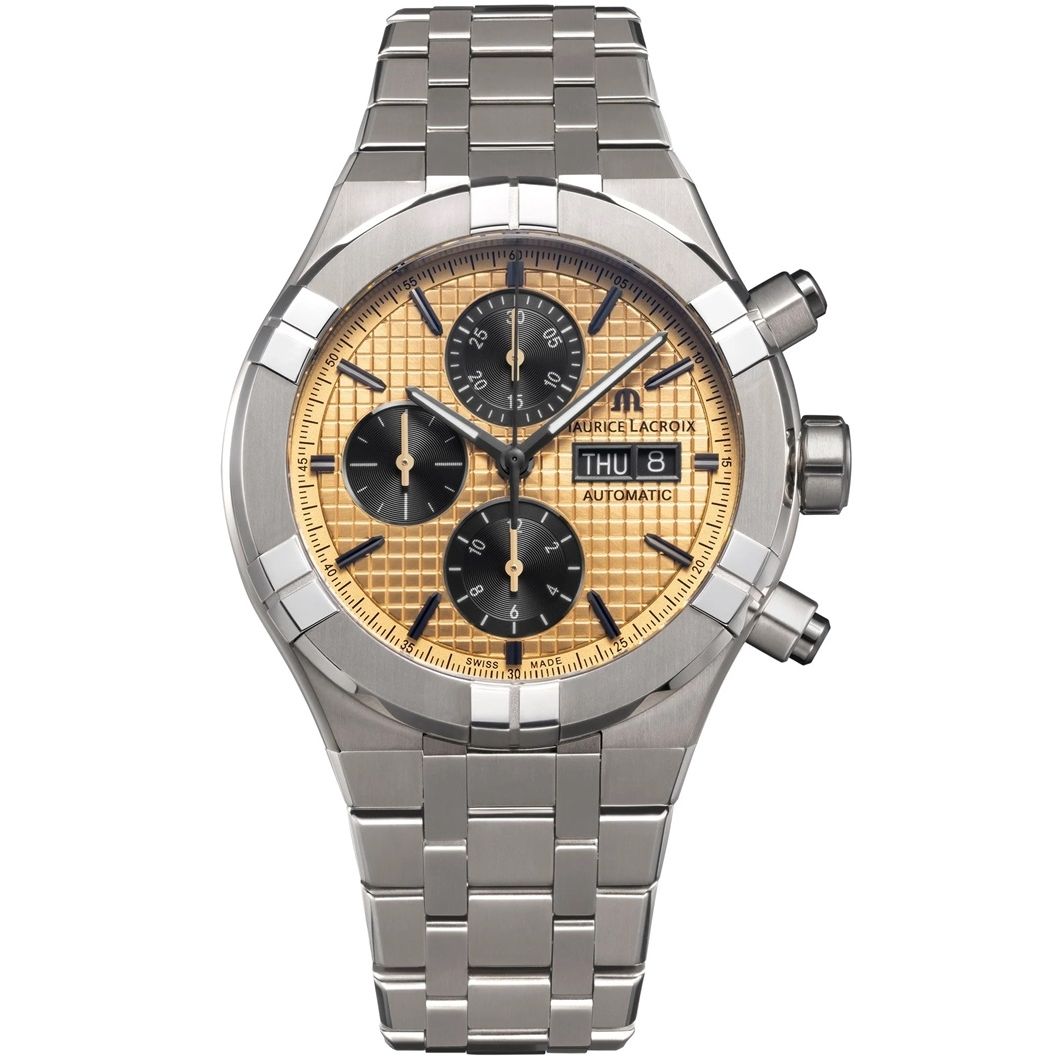 MAURICE LACROIX MOD. AI6038-TT032-530-1 luxury watch with silver strap and chronograph features.