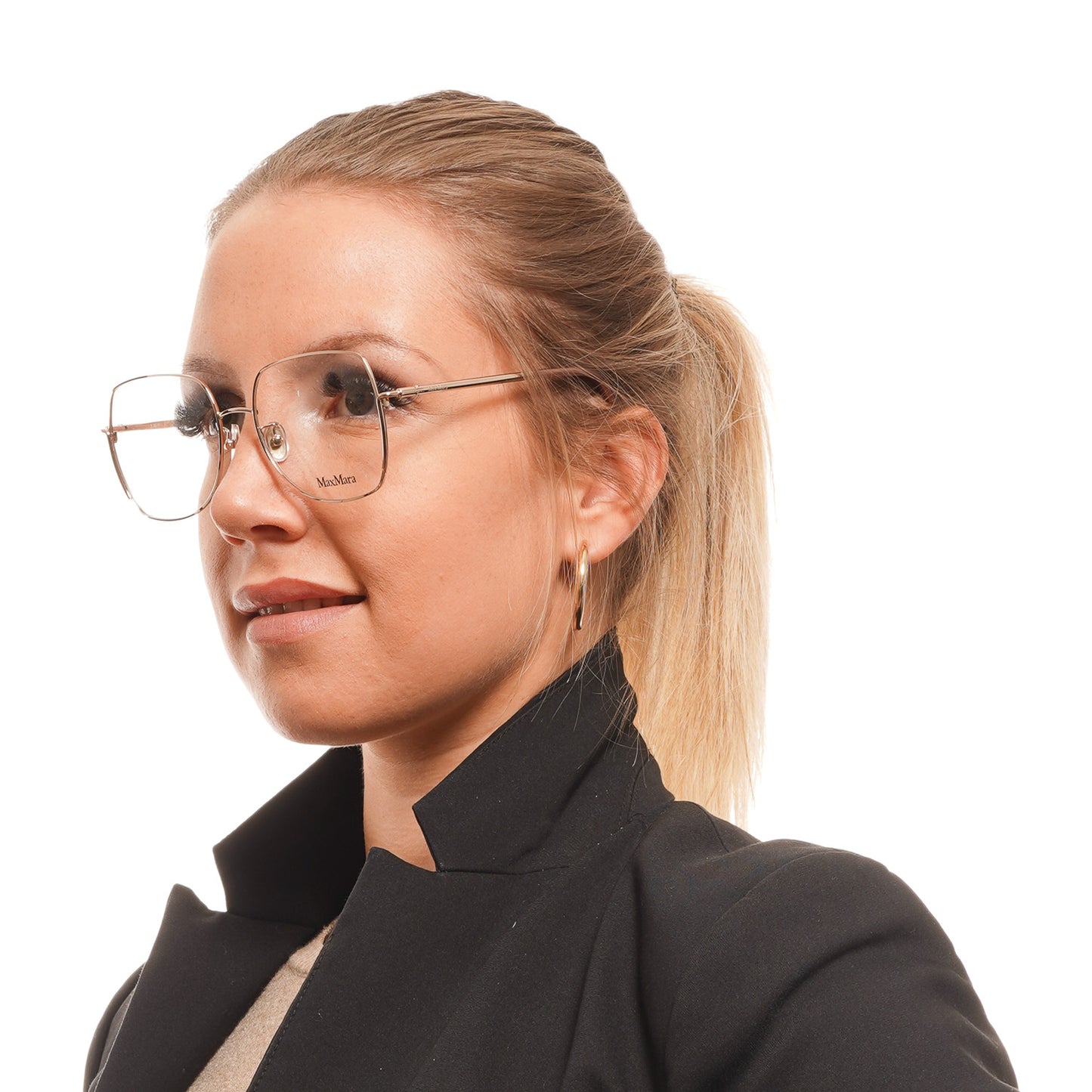 Woman wearing MAX MARA MOD. MM5020-D 55028 glasses with a black jacket.