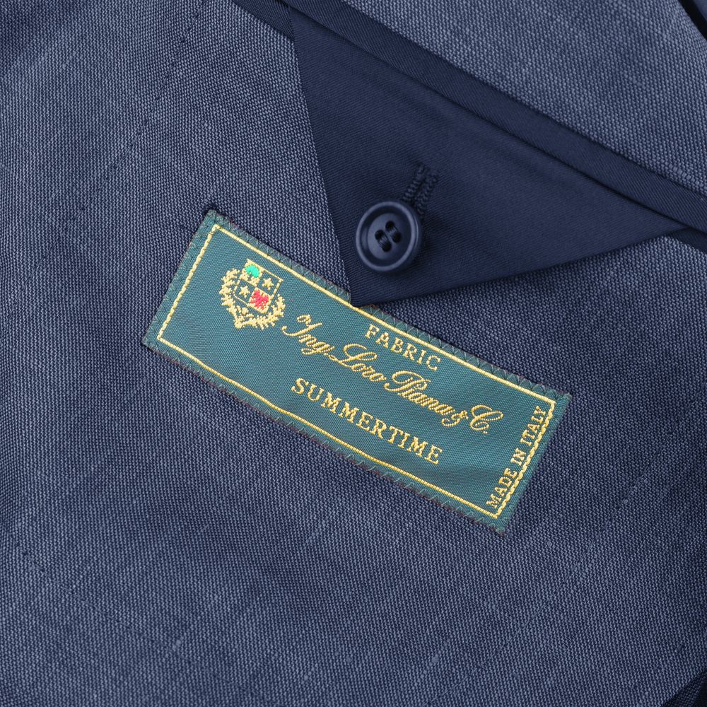 Loro Piana fabric label on Made in Italy Blue Linen Blazer showcasing Summertime linen-wool blend jacket with button detail