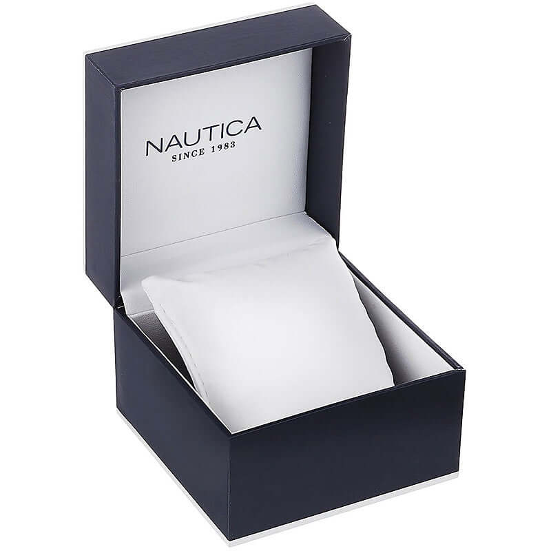 NAUTICA Mod. NAPABS904 watch packaging showing an official box with cushion. Ideal for a gent's quartz analog watch, 5 ATM water resistant.