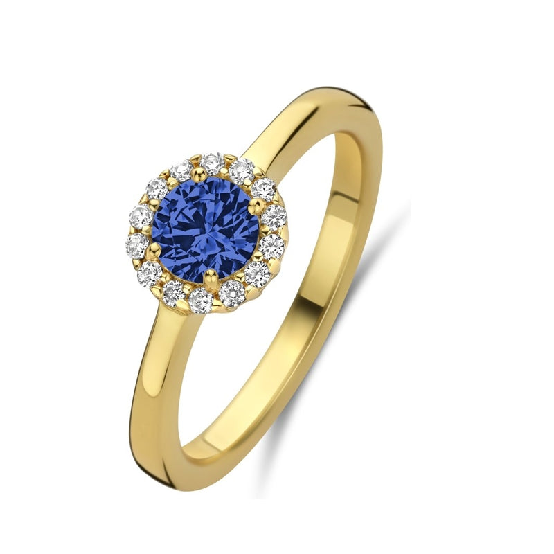 NEW BLING Mod. 9NB-1540-58 gold ring featuring a blue gemstone surrounded by diamonds