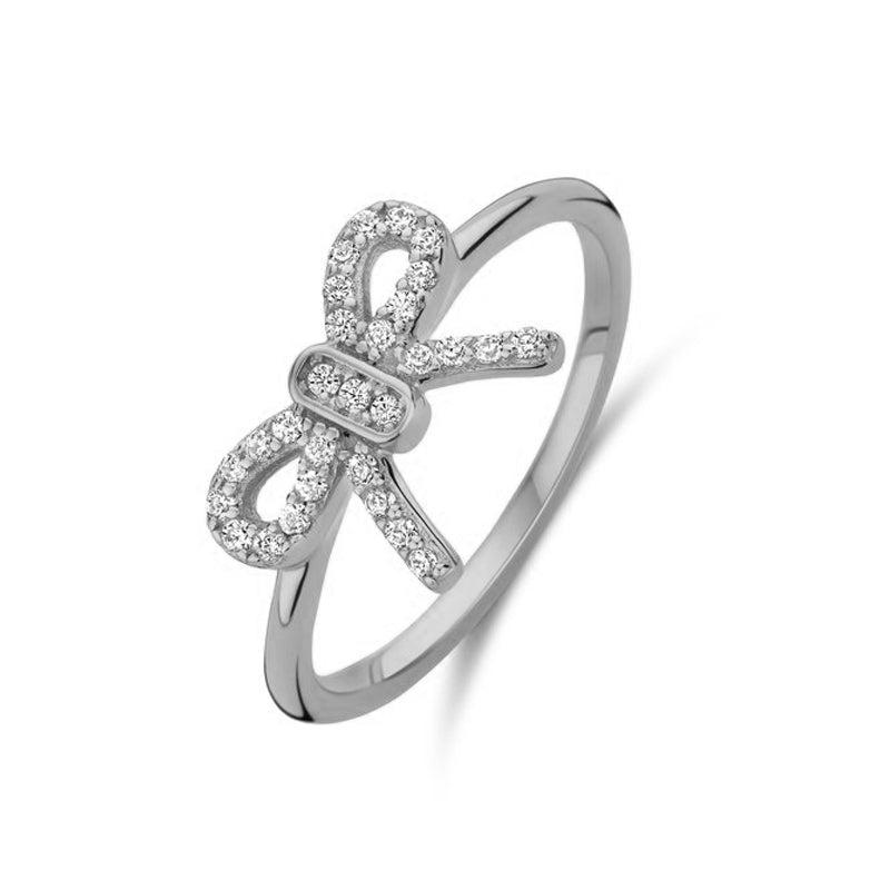 NEW BLING Mod. 9NB-1552-56 elegant silver ring with bow design encrusted with crystals, perfect for fashion-forward jewelry enthusiasts.