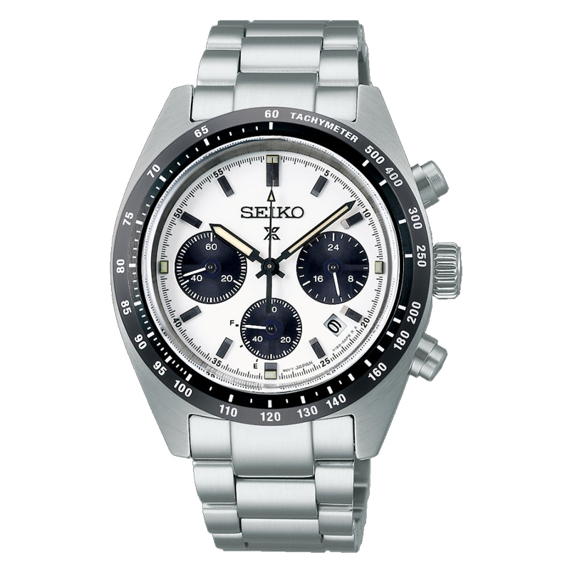 SEIKO PROSPEX Mod. SPEEDTIMER Chrono watch with silver band and black tachymeter bezel.