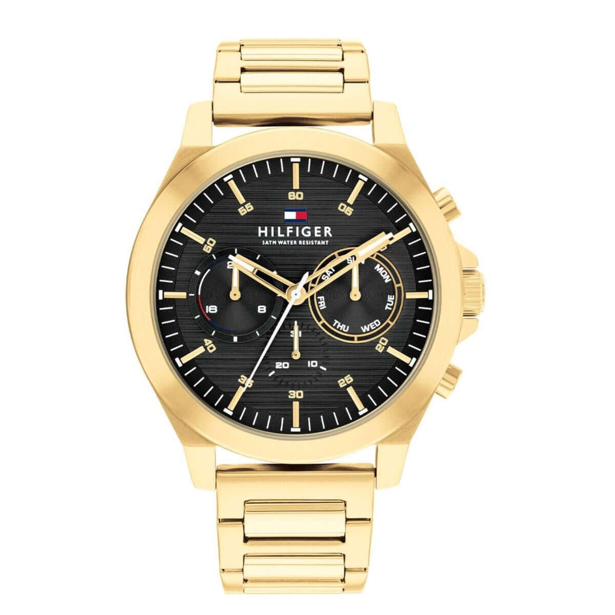 TOMMY HILFIGER Mod. 1710520 quartz analog gent watch, gold bracelet, 46mm case, mineral dial, 5 ATM water resistant, in official box packaging.