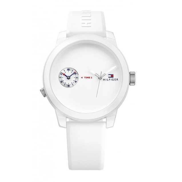 Alt Tag: TOMMY HILFIGER Mod. 1791324 white quartz analog watch for men, 44mm case, water resistant 3 ATM, packaged in official box.