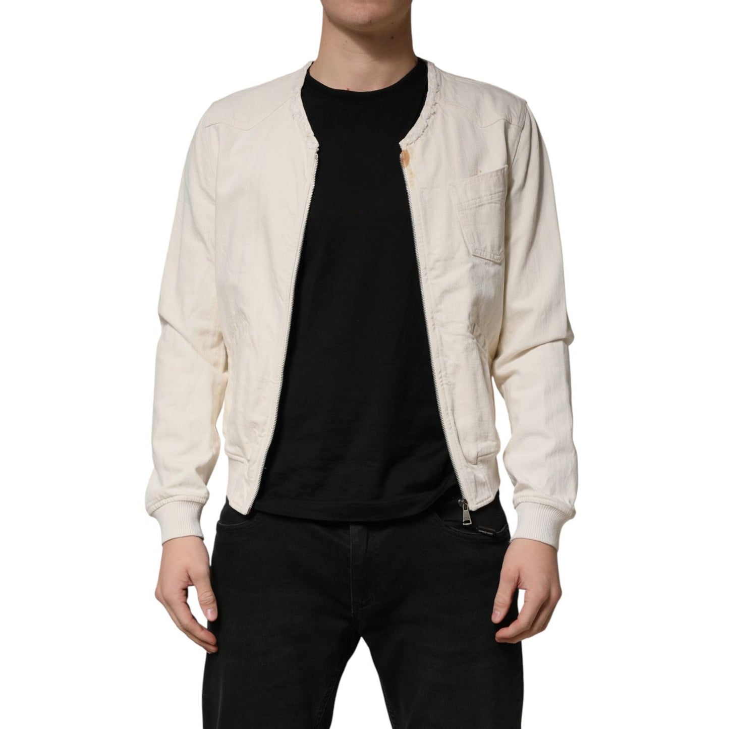 Dolce & Gabbana Off White Cotton Full Zip Denim Men Blouson Jacket