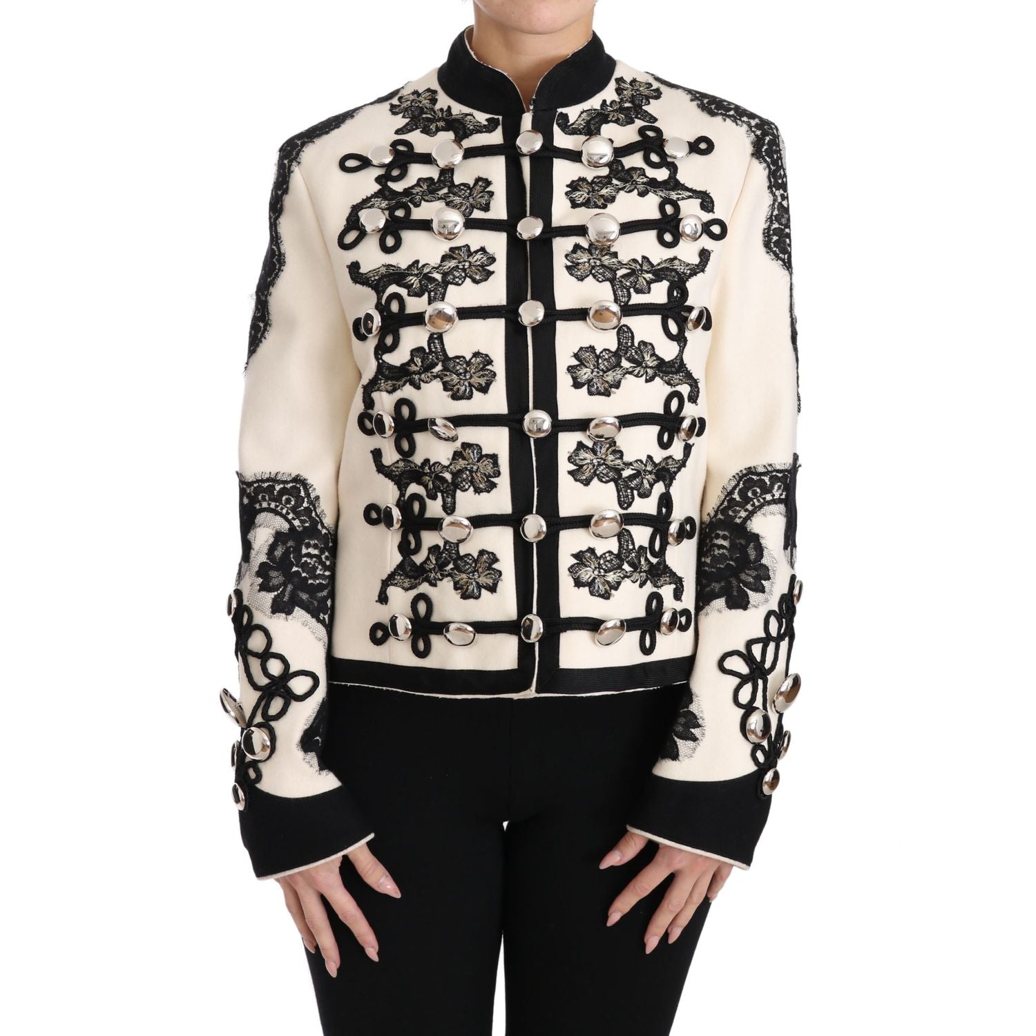 Dolce & Gabbana White Wool Black Floral Baroque Jacket