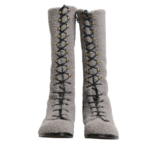 Dolce & Gabbana Gray Shearling Lace Up Knee High Boots Shoes