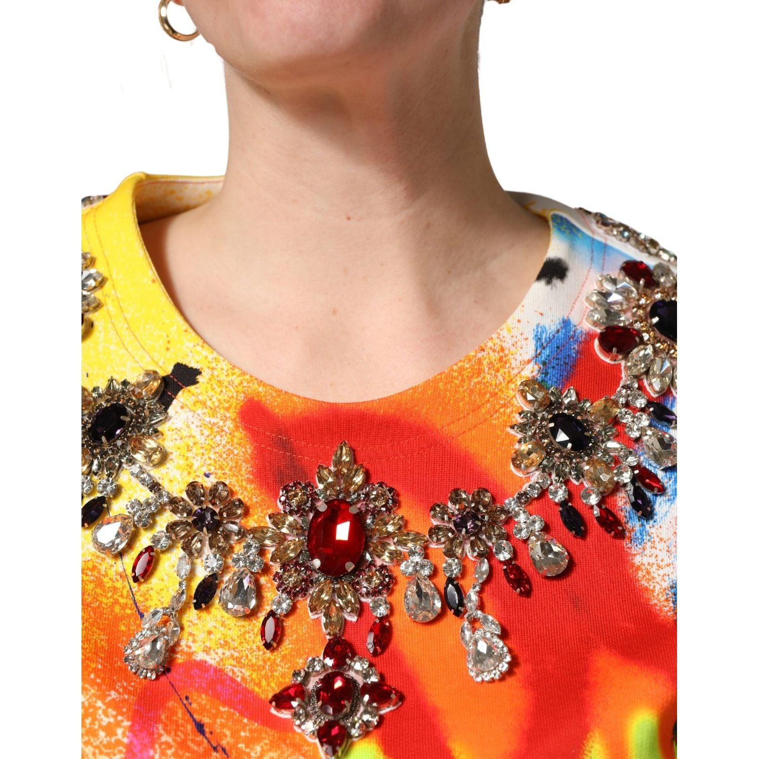 Dolce & Gabbana Multicolor Graffiti Crystals Crop Jersey Top