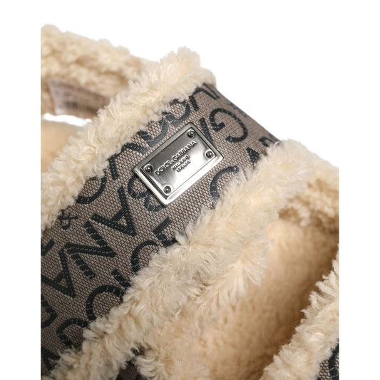Dolce & Gabbana Beige Faux Fur Logo Print Flats Sandals Shoes