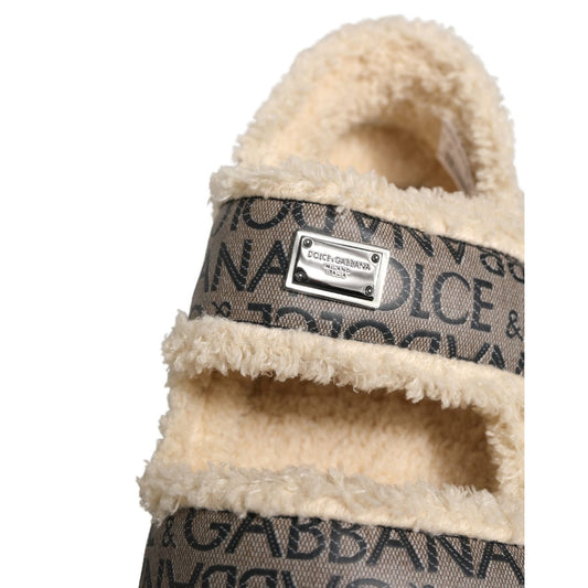 Dolce & Gabbana Beige Faux Fur Logo Print Flats Sandals Shoes