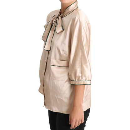 Dolce & Gabbana Beige Ribbon Silk Stretch Top Blouse