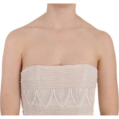 John Richmond Beige Beaded Silk Short Mini Gown Dress Dresses