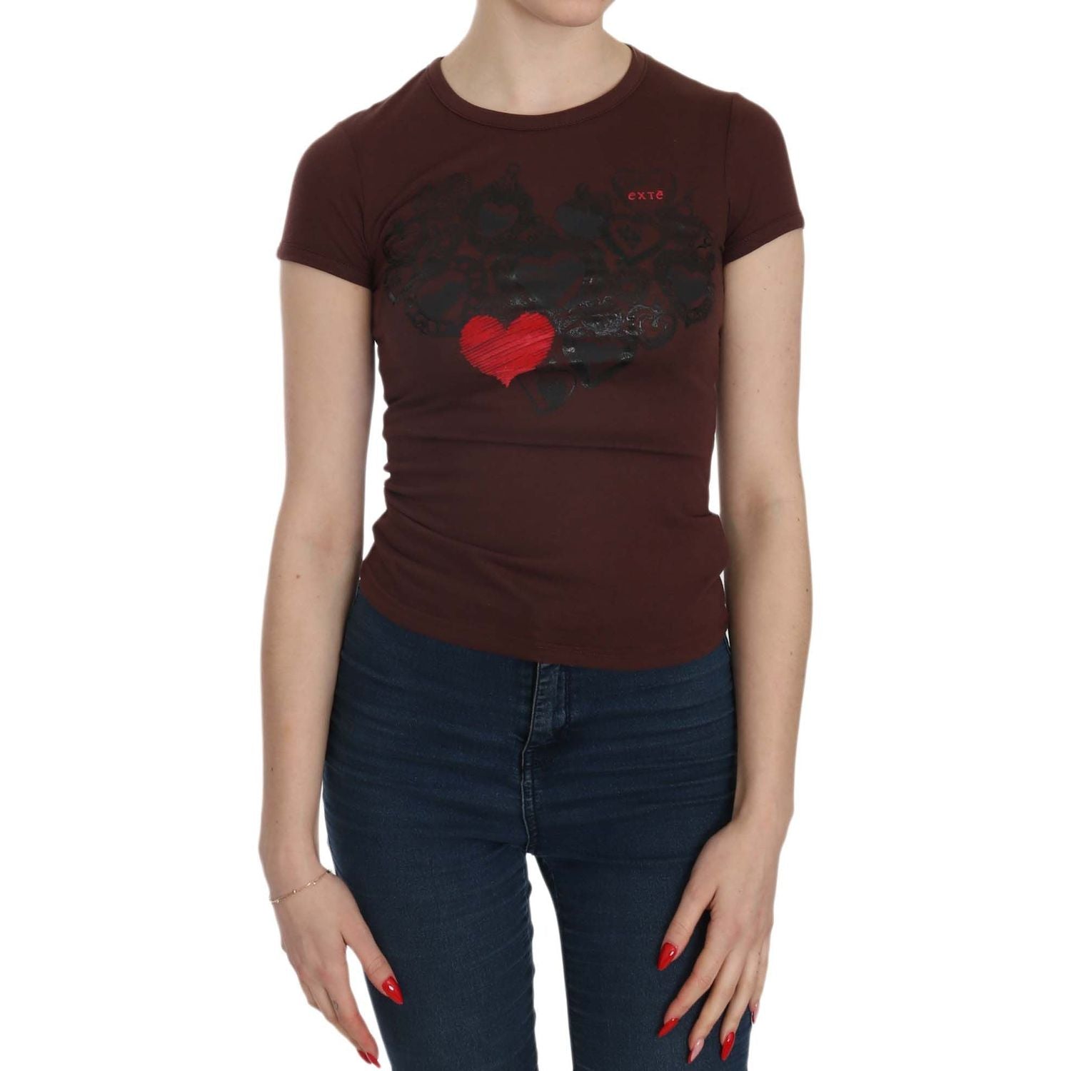 Exte Brown Hearts Short Sleeve Casual T-shirt Top