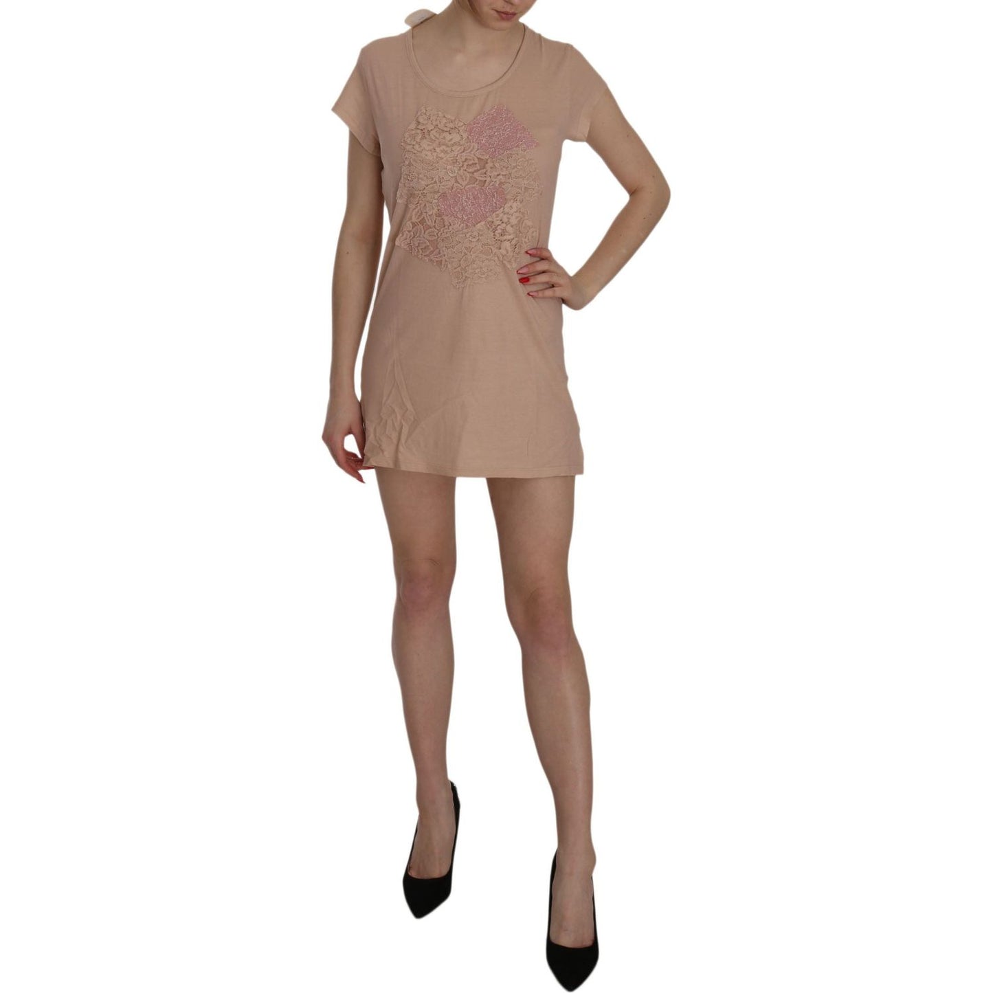 PINK MEMORIES Pink Lace Short Sleeve Shift Mini Dress