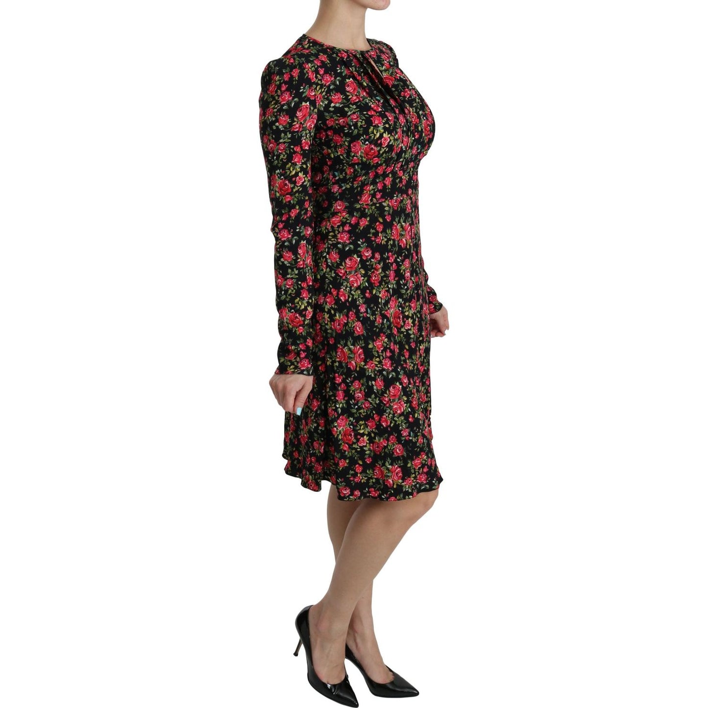 Dolce & Gabbana Black Floral Longsleeve Knee Length Dress