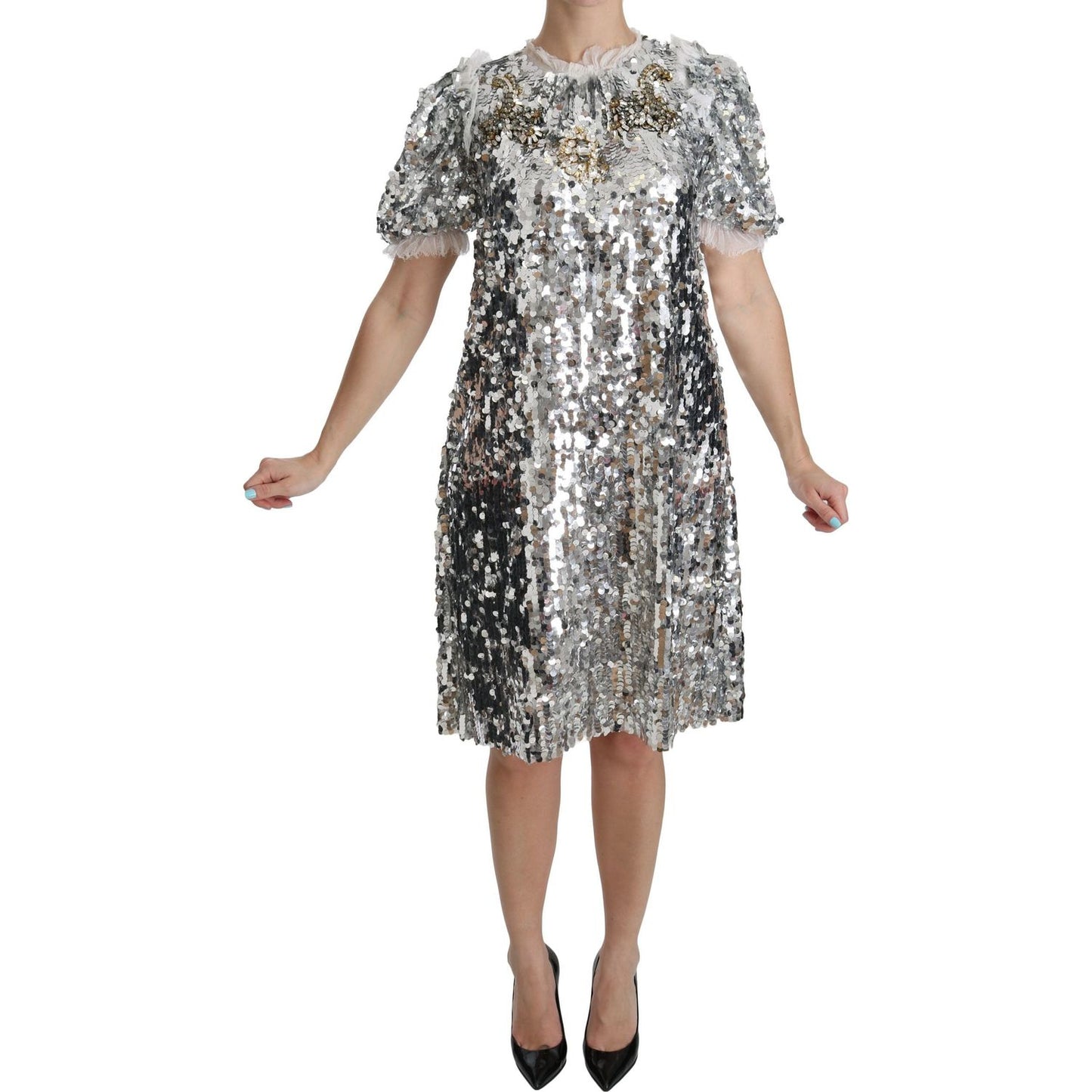 Dolce & Gabbana Silver Sequined Crystal Shift Gown Dress