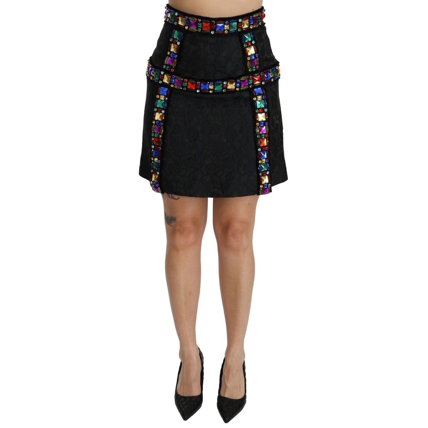 Dolce & Gabbana Black Crystal Embellished High Waist Skirt