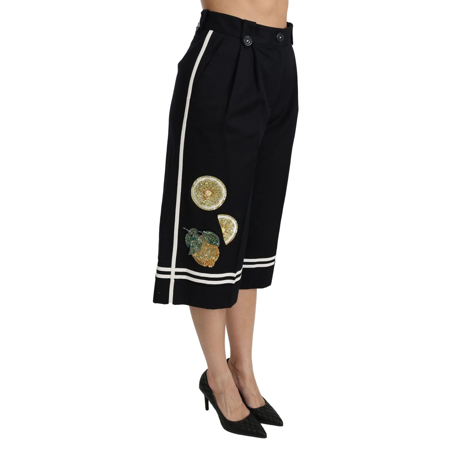 Dolce & Gabbana Black Lemon Embellished Palazzo Cropped Pants
