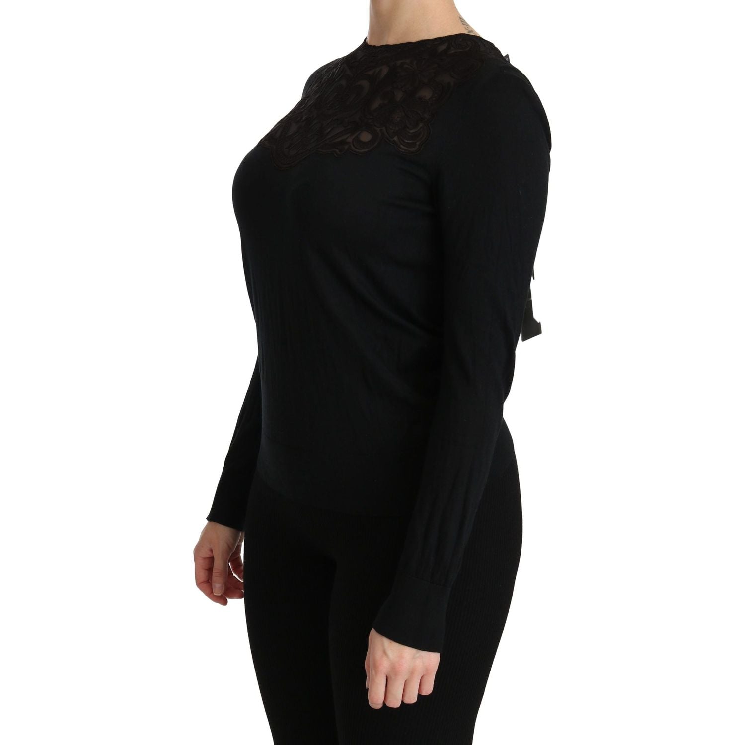 Dolce & Gabbana Black Silk Lace Crew Neck Long Sleeve Blouse