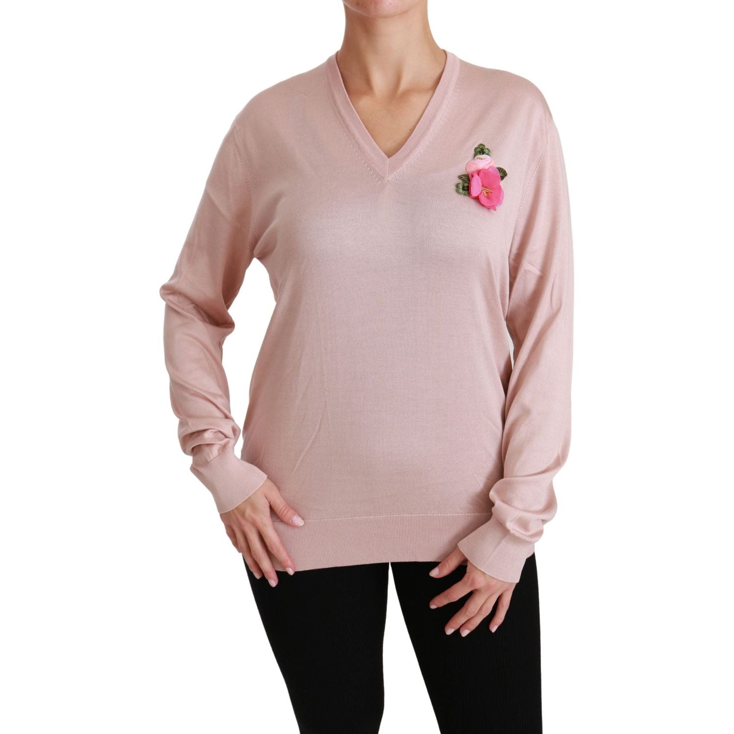 Dolce & Gabbana Pink Floral Embellished Pullover Silk Sweater