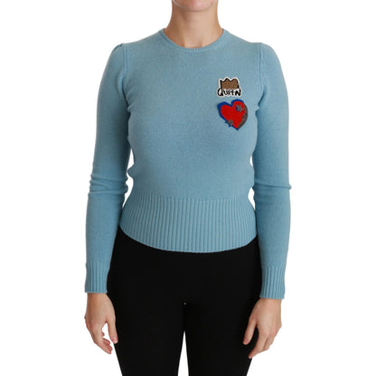 Dolce & Gabbana Blue Wool Queen Heart Pullover Sweater WOMAN TOPS AND SHIRTS